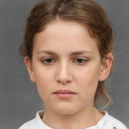 Neutral white young-adult female with short  brown hair and brown eyes