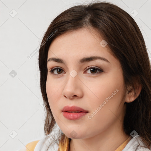 Neutral white young-adult female with medium  brown hair and brown eyes