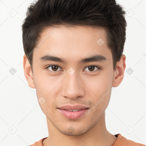 Joyful white young-adult male with short  brown hair and brown eyes