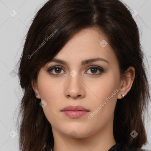 Neutral white young-adult female with long  brown hair and brown eyes