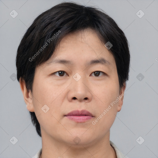 Neutral asian adult female with short  brown hair and brown eyes