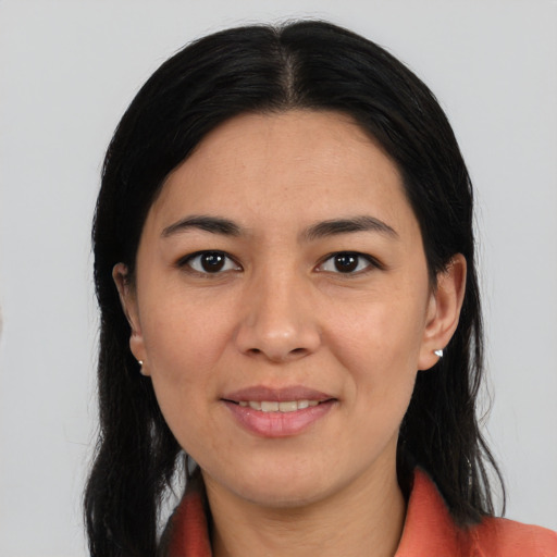 Joyful asian young-adult female with medium  black hair and brown eyes