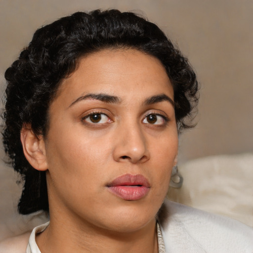 Neutral latino young-adult female with short  brown hair and brown eyes