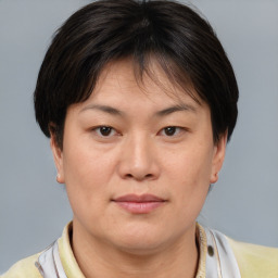 Joyful asian young-adult female with short  brown hair and brown eyes