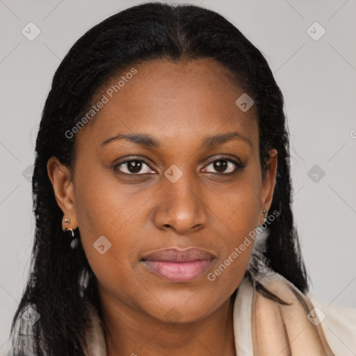 Joyful latino young-adult female with long  brown hair and brown eyes
