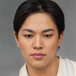 Neutral asian young-adult female with short  black hair and brown eyes