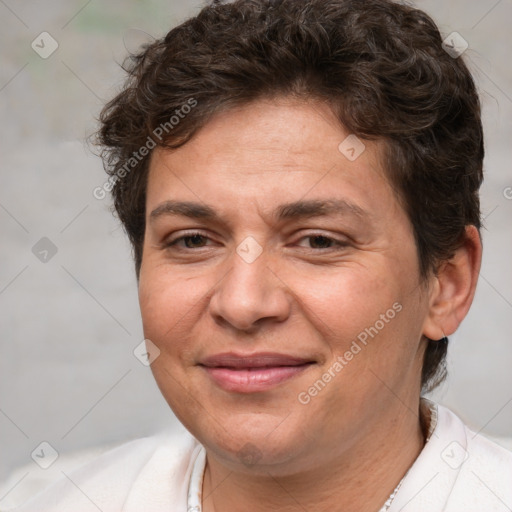 Joyful white adult female with short  brown hair and brown eyes