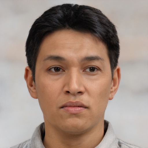 Neutral asian young-adult male with short  black hair and brown eyes