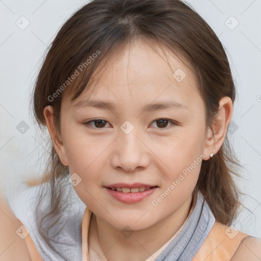 Joyful white child female with medium  brown hair and brown eyes