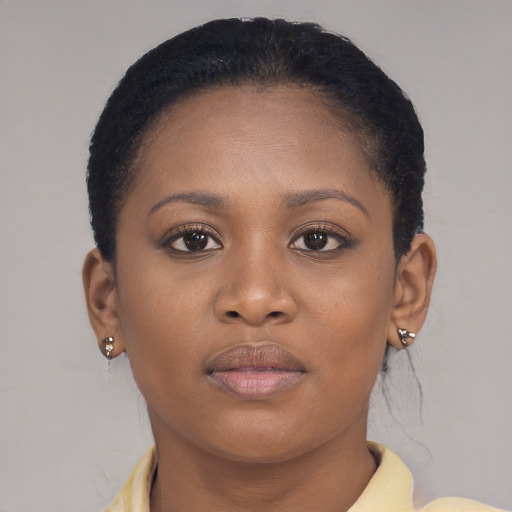 Neutral black young-adult female with short  brown hair and brown eyes