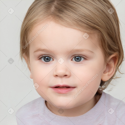 Joyful white child female with medium  brown hair and grey eyes