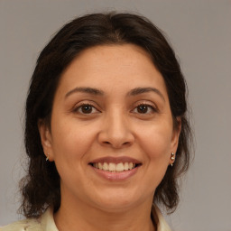 Joyful white adult female with medium  brown hair and brown eyes