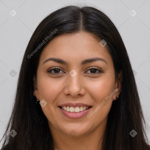 Joyful latino young-adult female with long  brown hair and brown eyes