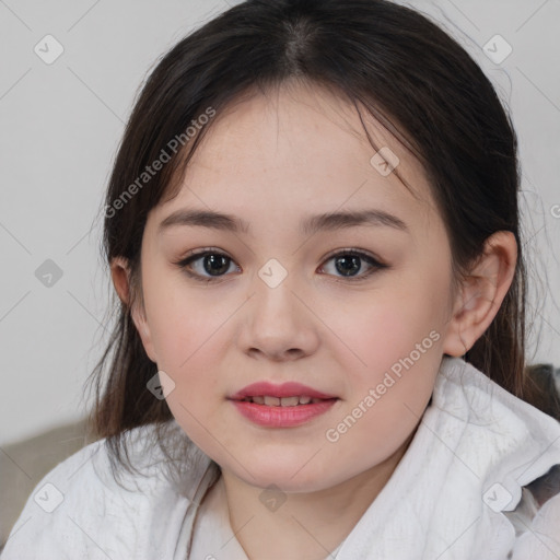 Joyful white child female with medium  brown hair and brown eyes