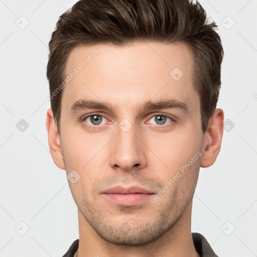 Neutral white young-adult male with short  brown hair and brown eyes