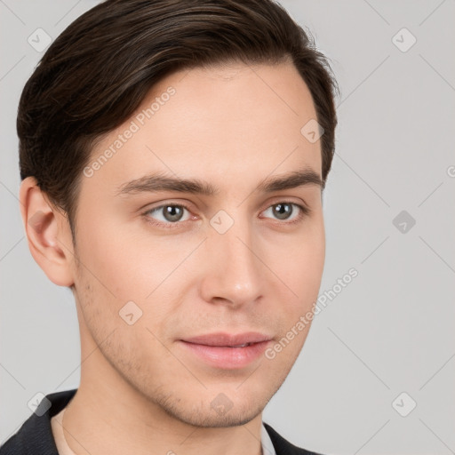 Neutral white young-adult male with short  brown hair and brown eyes