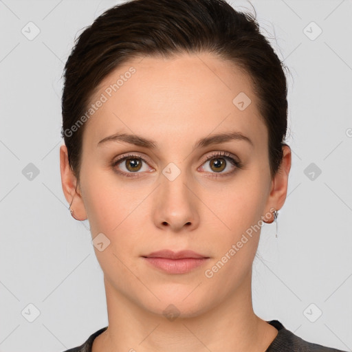 Neutral white young-adult female with short  brown hair and brown eyes