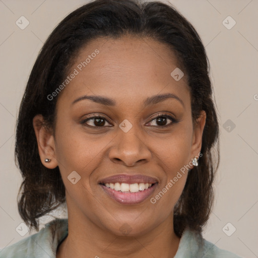 Joyful latino young-adult female with medium  brown hair and brown eyes