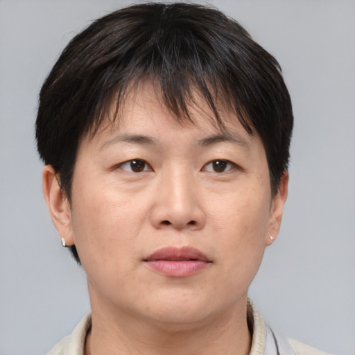 Neutral asian adult female with short  brown hair and brown eyes