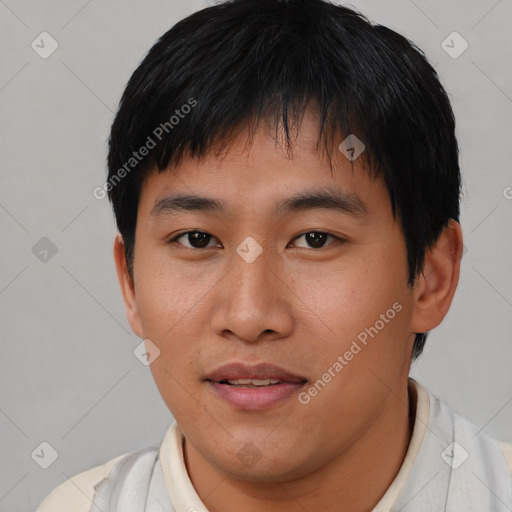 Neutral asian young-adult male with short  black hair and brown eyes