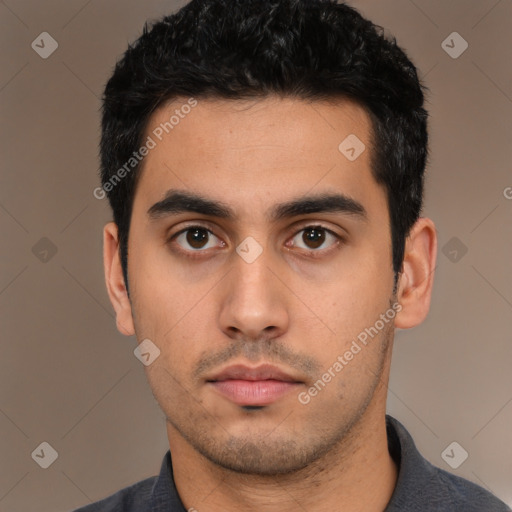 Neutral latino young-adult male with short  black hair and brown eyes
