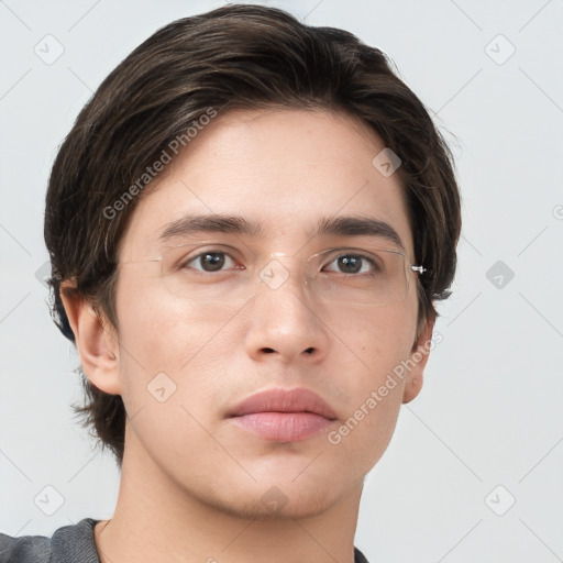 Neutral white young-adult male with short  brown hair and grey eyes