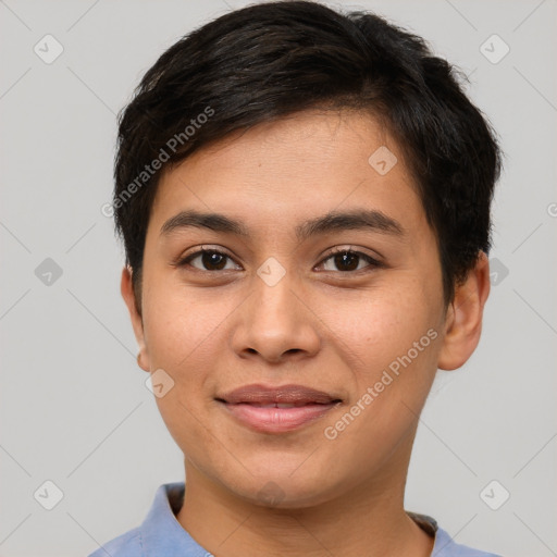 Joyful asian young-adult female with short  brown hair and brown eyes