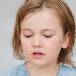 Neutral white child female with medium  brown hair and blue eyes