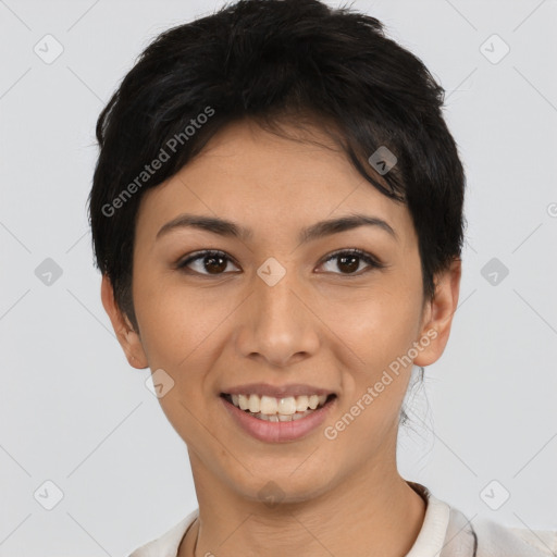 Joyful latino young-adult female with short  brown hair and brown eyes