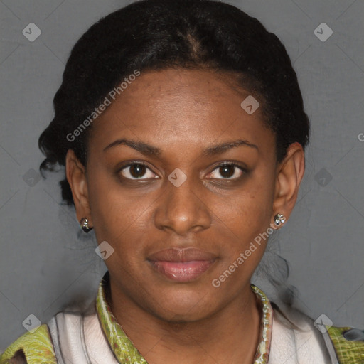 Joyful latino young-adult female with short  brown hair and brown eyes