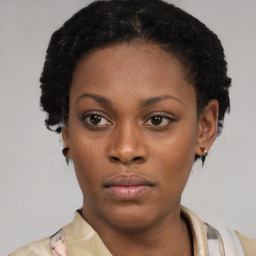 Neutral black young-adult female with short  black hair and brown eyes