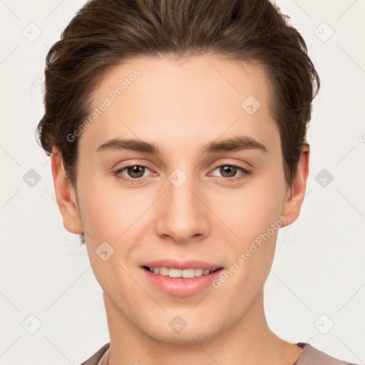 Joyful white young-adult female with short  brown hair and brown eyes