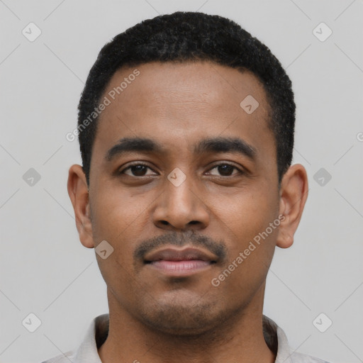 Neutral black young-adult male with short  black hair and brown eyes