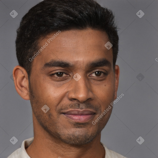 Joyful latino young-adult male with short  brown hair and brown eyes