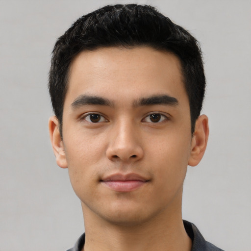 Neutral asian young-adult male with short  black hair and brown eyes