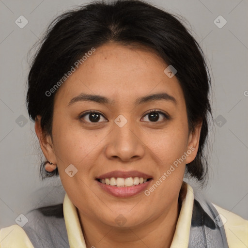 Joyful white adult female with medium  brown hair and brown eyes