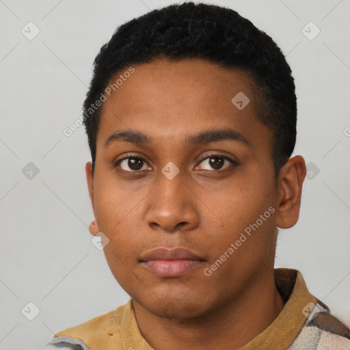 Neutral latino young-adult male with short  black hair and brown eyes
