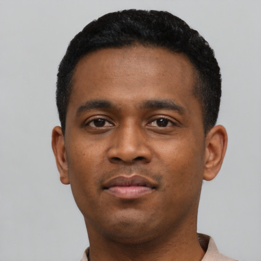 Neutral black young-adult male with short  black hair and brown eyes