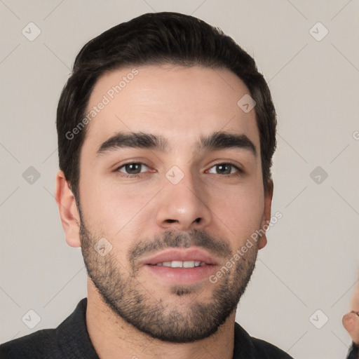 Neutral white young-adult male with short  black hair and brown eyes