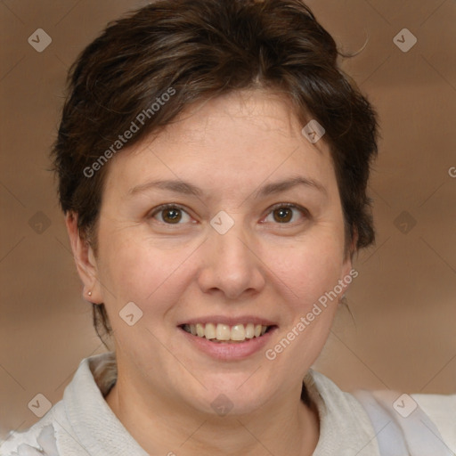 Joyful white adult female with short  brown hair and brown eyes