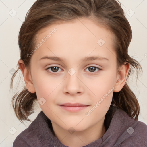 Joyful white child female with medium  brown hair and brown eyes