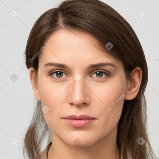 Neutral white young-adult female with long  brown hair and grey eyes