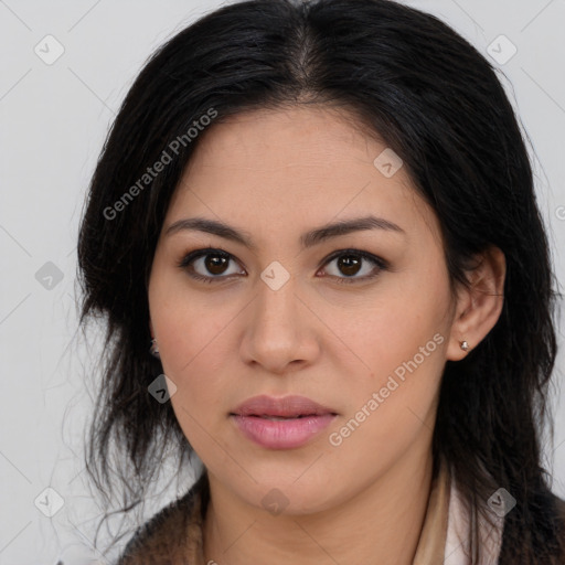 Joyful asian young-adult female with long  brown hair and brown eyes