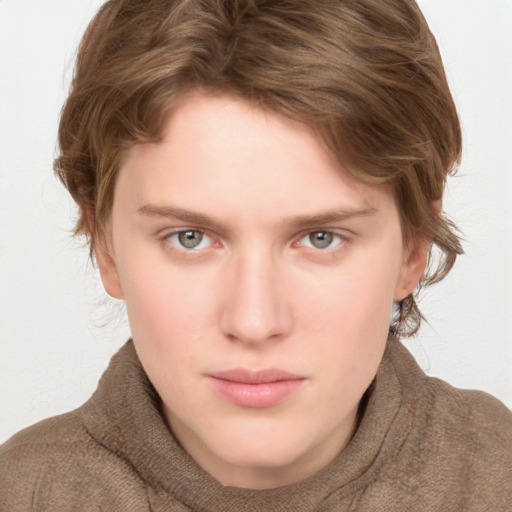 Neutral white young-adult female with medium  brown hair and blue eyes