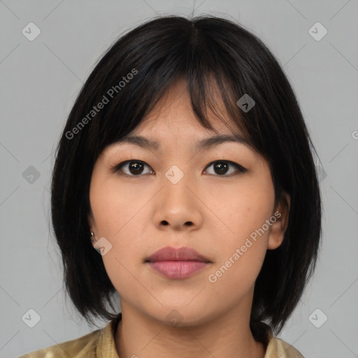 Neutral asian young-adult female with medium  brown hair and brown eyes