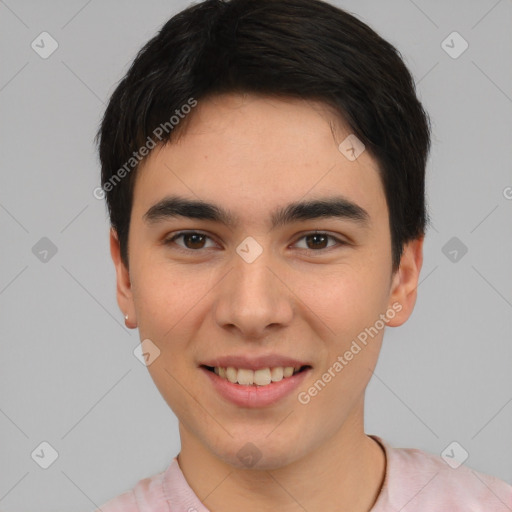 Joyful white young-adult male with short  black hair and brown eyes