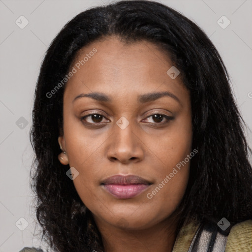 Joyful asian young-adult female with long  black hair and brown eyes