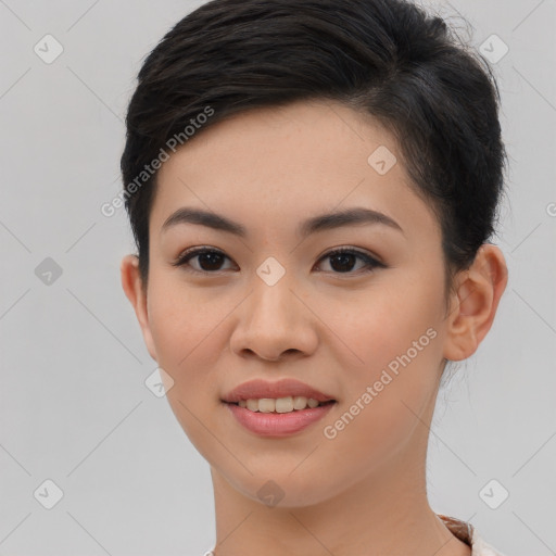 Joyful asian young-adult female with short  brown hair and brown eyes