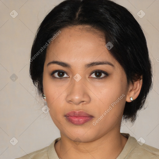 Neutral asian young-adult female with medium  black hair and brown eyes