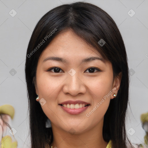 Joyful asian young-adult female with medium  brown hair and brown eyes